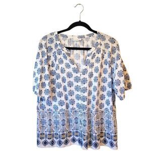 J. Jill White & Blue Cotton Tencel Blend Geo Floral Blouse Women's Size XLP